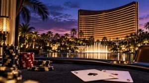 Poker chips and playing cards overlooking Wynn Las Vegas ahead of the 2026 WPT World Championship.