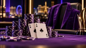 Purple poker chips, pocket aces and a purple jacket on a casino table, illustrating Adrian Mateos’ 2026 Poker Masters Event #5 victory.