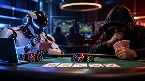 AI poker cheating illustration showing a futuristic robot and a hooded player competing at a poker table with cards, chips, and a laptop.