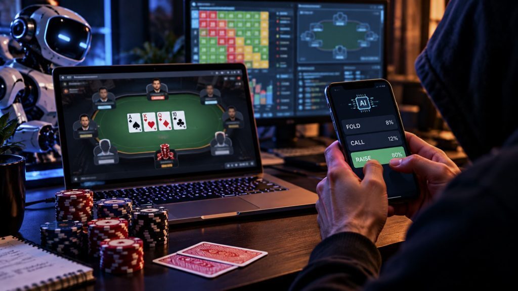 AI poker cheating illustration showing a player using real-time assistance on a smartphone while playing online poker on a laptop.