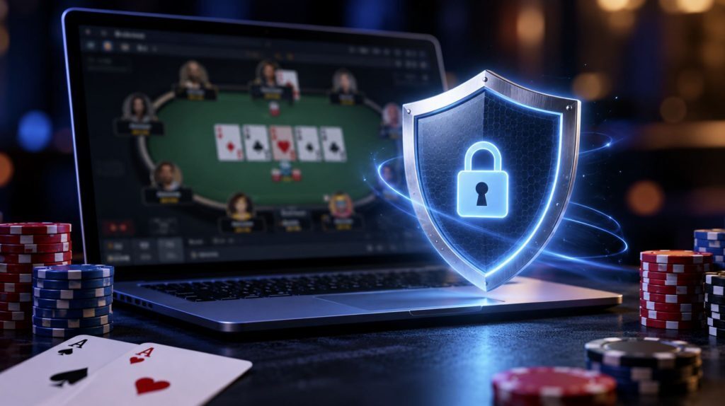 Americas Cardroom ScreenShield poker security illustration featuring an online poker table, poker chips and a glowing blue shield with a padlock.