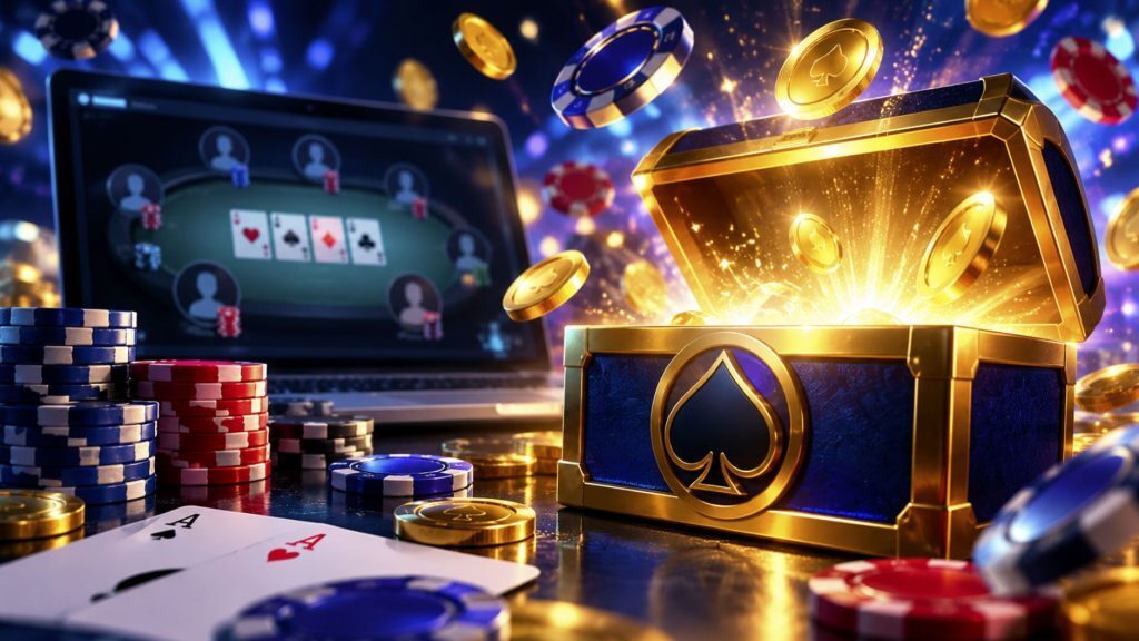 Online poker tournament with poker chips, playing cards and a glowing treasure chest representing BetRivers Poker's new Mystery Bounty tournaments.