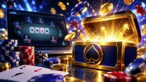 Online poker tournament with poker chips, playing cards and a glowing treasure chest representing BetRivers Poker's new Mystery Bounty tournaments.