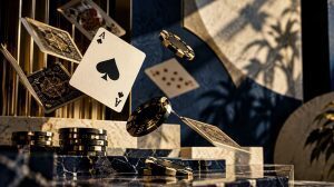 Playing cards and poker chips suspended in midair, illustrating Brandon Wilson’s $1.125 million Super High Roller Bowl XI victory.