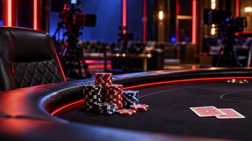 Empty poker livestream table representing the Britney Jing staking allegations and Hustler Casino Live review.