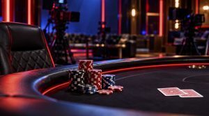 Empty poker livestream table representing the Britney Jing staking allegations and Hustler Casino Live review.