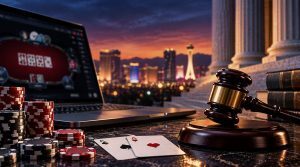 Poker chips, two aces and a judge’s gavel beside a laptop displaying online poker, illustrating Bryn Kenney’s lawsuit against GGPoker parent NSUS Group in Nevada.