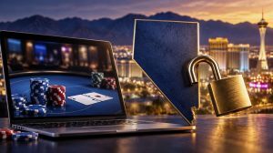 Online poker laptop beside a Nevada state silhouette and open padlock, symbolizing ClubWPT Gold's possible return to Nevada.
