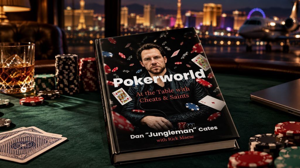Dan “Jungleman” Cates’ Pokerworld memoir displayed on a poker table with chips and playing cards against a Las Vegas backdrop.