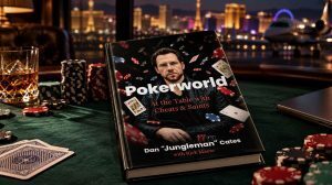 Dan “Jungleman” Cates’ Pokerworld memoir displayed on a poker table with chips and playing cards against a Las Vegas backdrop.