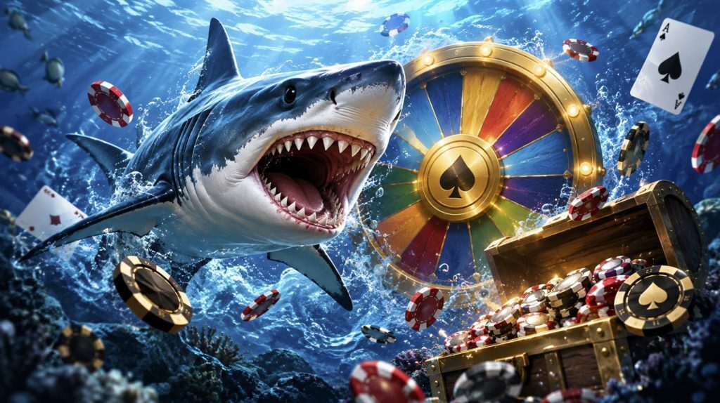 GGPoker Ocean KO concept with a shark, poker chips, playing cards and a jackpot wheel underwater.