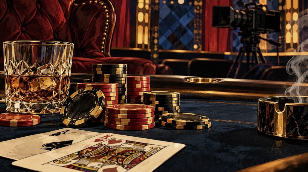 Illustration of poker chips, playing cards and a whiskey glass on a televised poker table, representing Hellmuth's Home Game Episode 2.