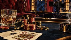 Illustration of poker chips, playing cards and a whiskey glass on a televised poker table, representing Hellmuth's Home Game Episode 2.