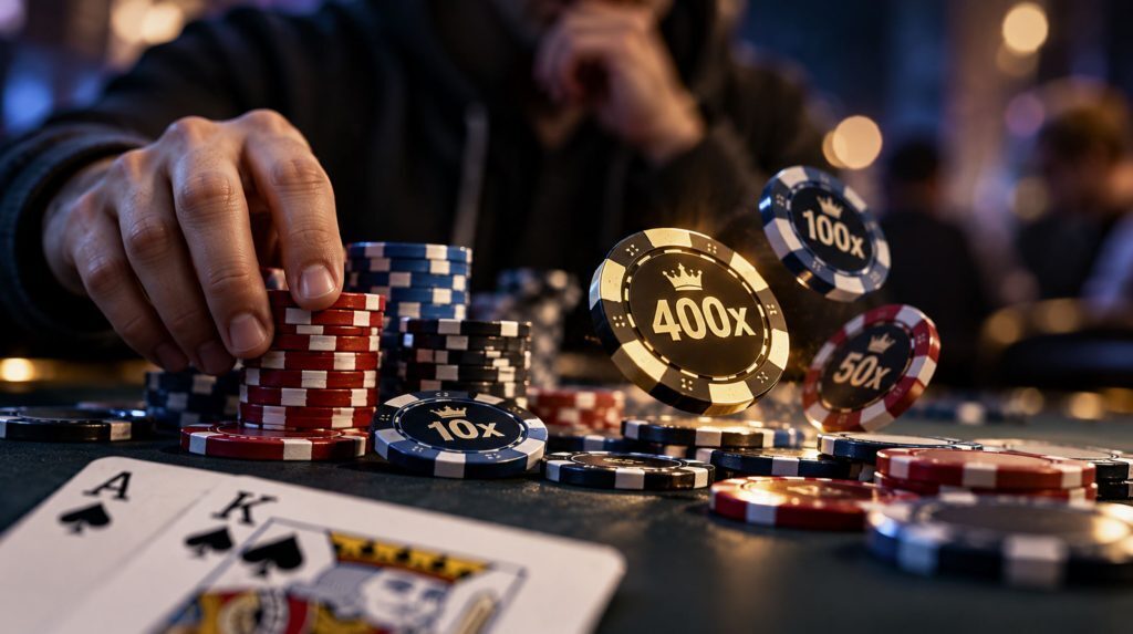 Poker player stacking chips as 400x, 100x and 50x jackpot bounty multipliers appear over the table.