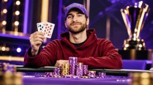 Justin Vaysman Poker Masters Event #6 winner pictured at a poker table with playing cards and chips after his $192,000 victory in 2026.
