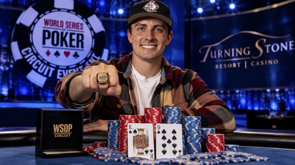 Kyle Grupp celebrates his 2026 WSOP Circuit Turning Stone Main Event victory, with poker chips, playing cards and WSOP Circuit branding in the background.