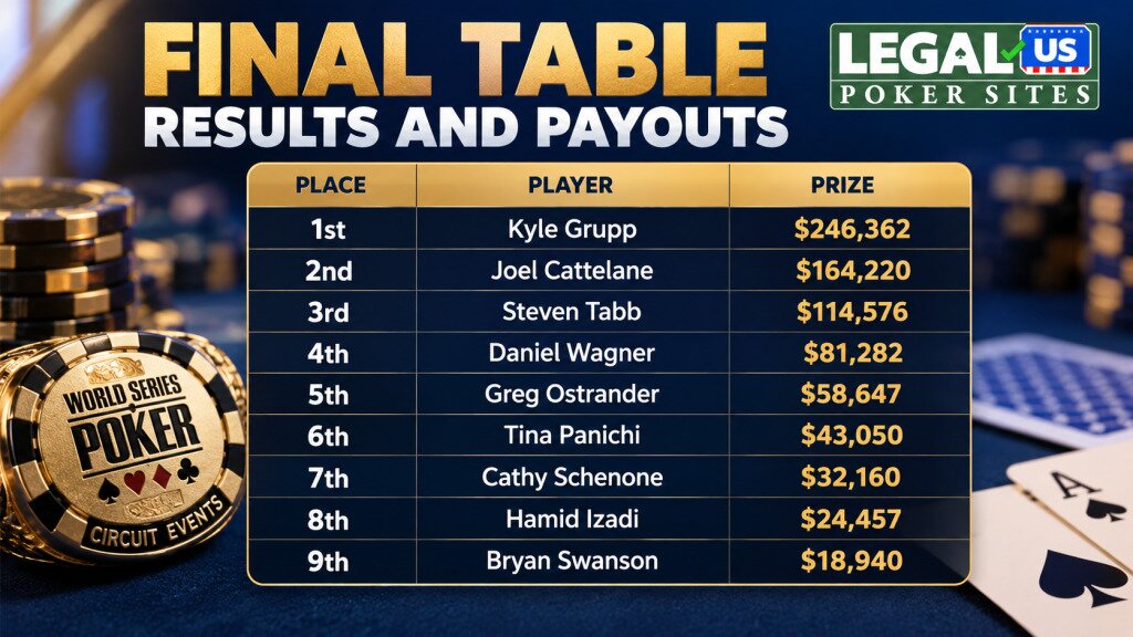 Infographic showing the 2026 WSOP Circuit Turning Stone Main Event final table results, with Kyle Grupp winning $246,362, followed by Joel Cattelane and Steven Tabb.