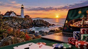 Maine lighthouse at sunset beside a laptop displaying a roulette wheel, with poker chips and playing cards representing the state's upcoming online poker and casino launch.