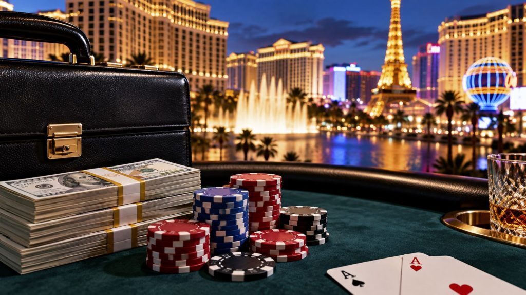 Poker chips, cash and a business briefcase representing the Nevada casino funding rule affecting poker players