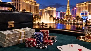 Poker chips, cash and a business briefcase representing the Nevada casino funding rule affecting poker players
