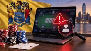 New Jersey responsible gaming rules illustrated by an online poker game, poker chips and a warning symbol highlighting player account monitoring.