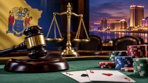 Judge’s gavel, poker chips, and New Jersey flag illustrating proposed changes to New Jersey underage poker penalties under bill S597.