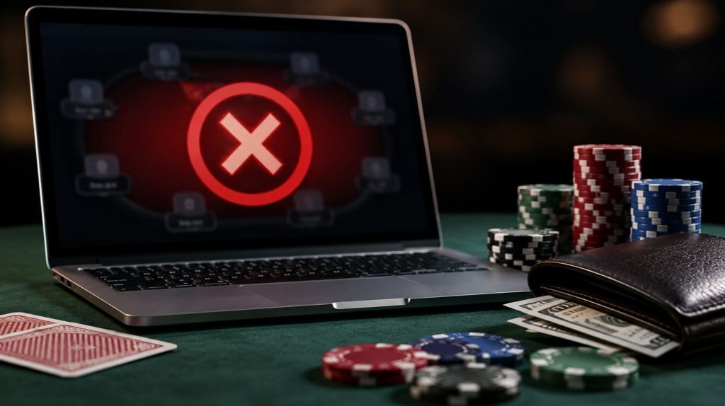 Laptop displaying an online poker site shutdown symbol, surrounded by poker chips, playing cards and cash, illustrating risks to player funds.