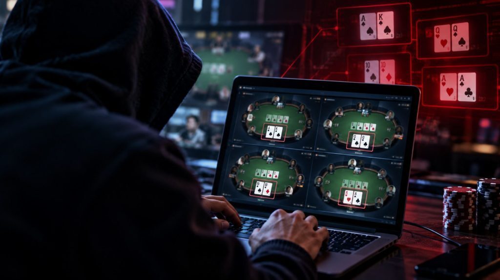 Hooded hacker viewing multiple online poker tables and exposed hole cards on a laptop screen.
