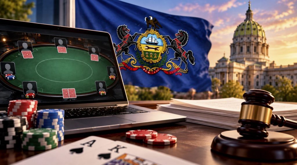 Online poker table, poker chips and judge's gavel with the Pennsylvania state flag and Capitol building in the background.