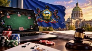 Online poker table, poker chips and judge's gavel with the Pennsylvania state flag and Capitol building in the background.
