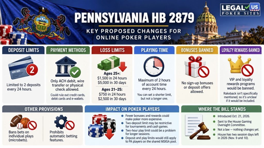 Infographic showing Pennsylvania HB 2879's proposed online poker restrictions, including deposit caps, loss limits, playing time restrictions and bans on VIP rewards.