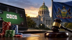 Pennsylvania sweepstakes poker legislation illustrated with poker chips, an online poker game, a judge’s gavel, and the state capitol.