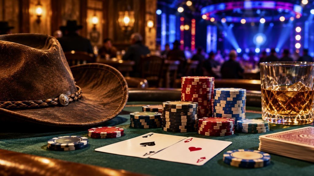 Poker chips and playing cards on a green felt table, with a cowboy hat representing traditional poker and a modern tournament setting in the background.