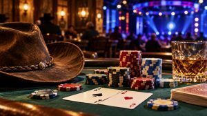 Poker chips and playing cards on a green felt table, with a cowboy hat representing traditional poker and a modern tournament setting in the background.