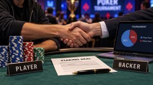 Poker player and backer shaking hands over a staking deal at a tournament poker table.