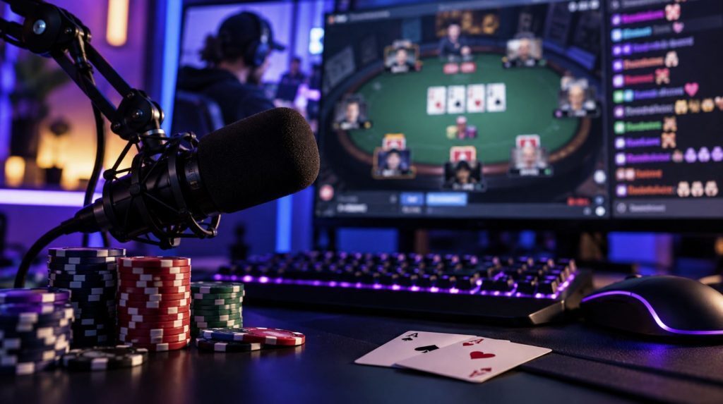 Poker streaming setup with a microphone, poker chips and cards in front of a live online poker broadcast.