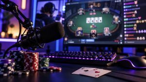 Poker streaming setup with a microphone, poker chips and cards in front of a live online poker broadcast.
