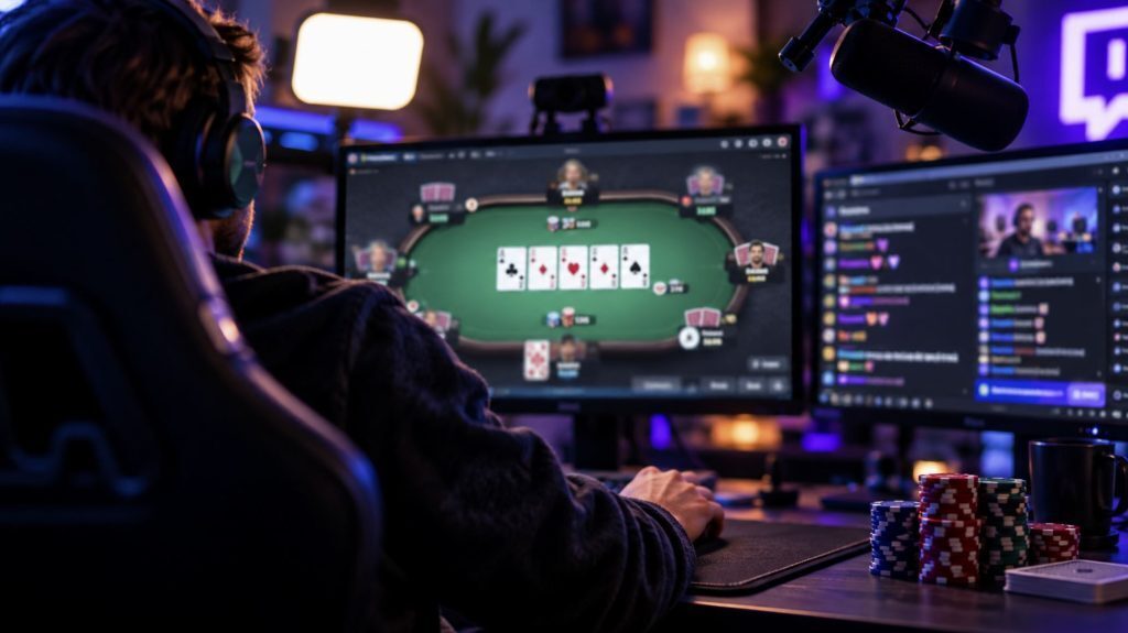Poker streamer playing online poker at a dual-monitor setup with live chat, microphone, and poker chips, illustrating the rise of poker streaming culture.