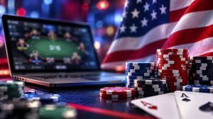 Online poker game displayed on a laptop alongside poker chips and a US flag, illustrating PokerStars on FanDuel's $1.75 million in tournament overlays.