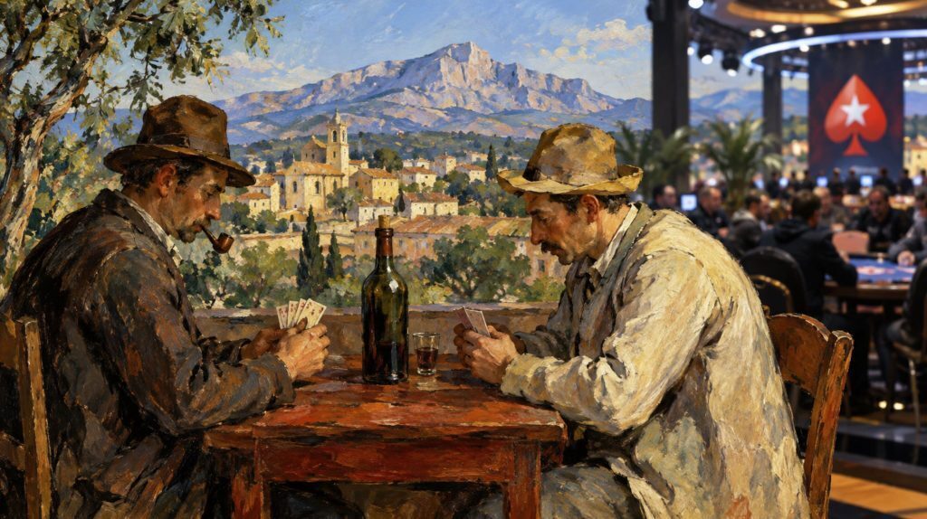 Oil painting-style illustration of two men playing cards in Aix-en-Provence, with a modern poker tournament in the background, inspired by Cézanne's The Card Players.