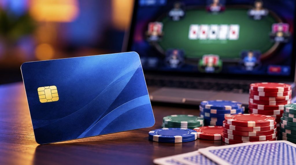 Blue prepaid payment card beside poker chips and playing cards, with an online poker game displayed on a laptop in the background.
