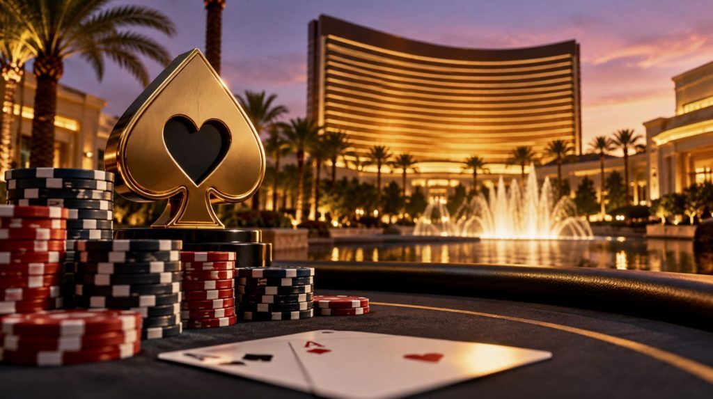 Poker chips, playing cards and a gold spade trophy overlooking a Las Vegas resort, illustrating the 2026 Wynn charity poker tournament.