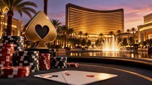 Poker chips, playing cards and a gold spade trophy overlooking a Las Vegas resort, illustrating the 2026 Wynn charity poker tournament.