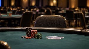Empty poker table and chair with poker chips and cards in tribute to RGPS champion Tiffany Keathley.