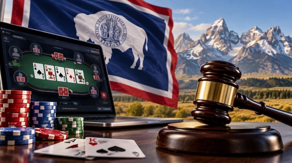 Wyoming state flag behind an online poker game, casino chips and judge’s gavel, illustrating the proposed Wyoming sweepstakes poker ban and felony penalties.