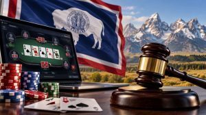 Wyoming state flag behind an online poker game, casino chips and judge’s gavel, illustrating the proposed Wyoming sweepstakes poker ban and felony penalties.